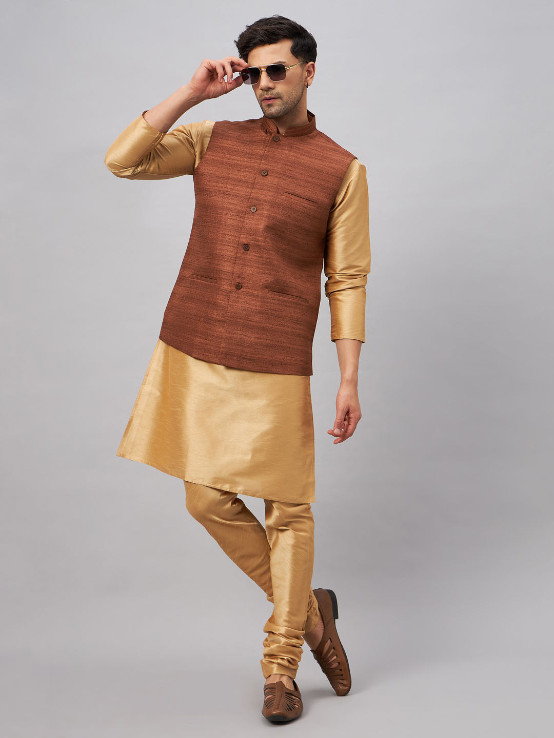 VM BY VASTRAMAY Men's Coffee Jacket With Rose Gold Kurta And Pyjama Set