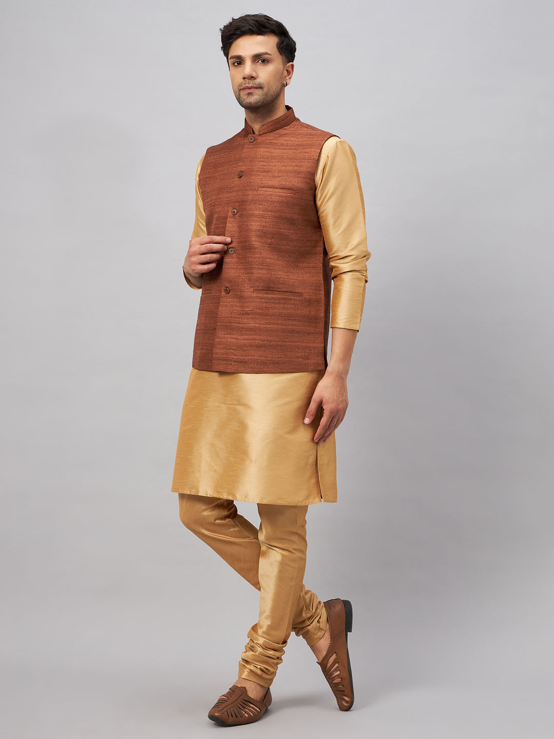 VM BY VASTRAMAY Men's Coffee Jacket With Rose Gold Kurta And Pyjama Set