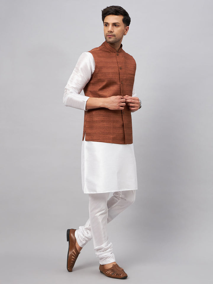 VM BY VASTRAMAY Men's Coffee Matka Silk Nehru Jacket With White Silk Blend Kurta Pyjama Set