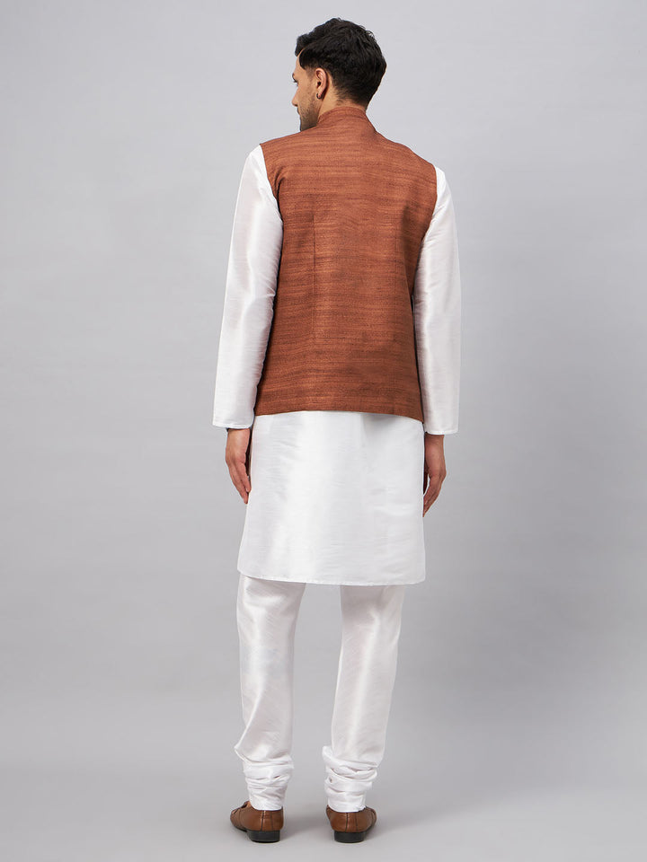 VM BY VASTRAMAY Men's Coffee Matka Silk Nehru Jacket With White Silk Blend Kurta Pyjama Set