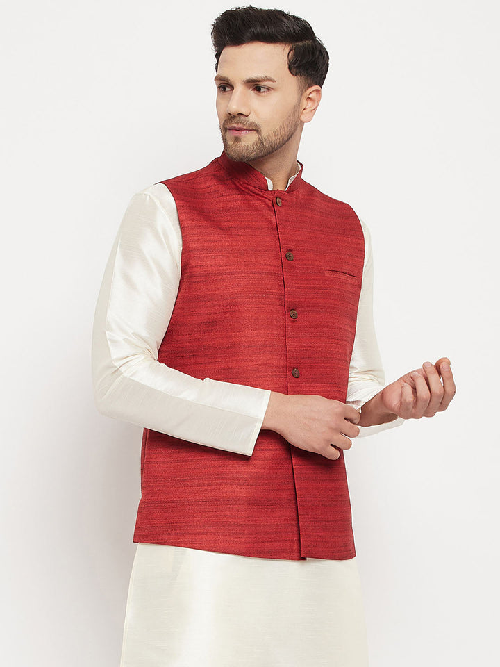 VM BY VASTRAMAY Men's Maroon Silk Blend Nehru Jacket