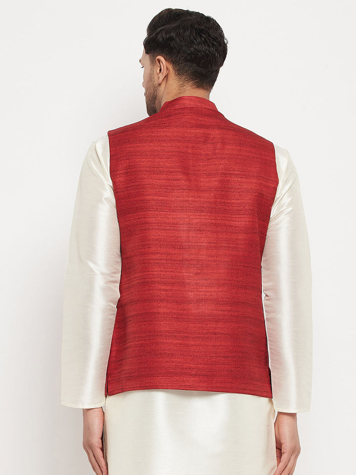 VM BY VASTRAMAY Men's Maroon Silk Blend Nehru Jacket