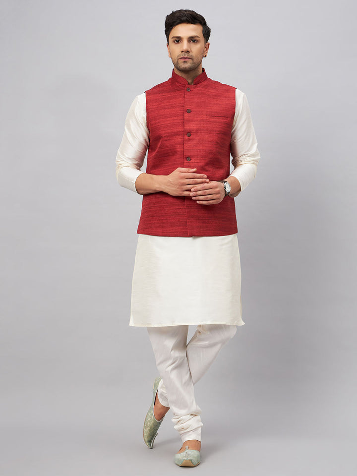 VM BY VASTRAMAY Men's Maroon Matka Silk Nehru Jacket With Cream Silk Blend Kurta Pyjama Set