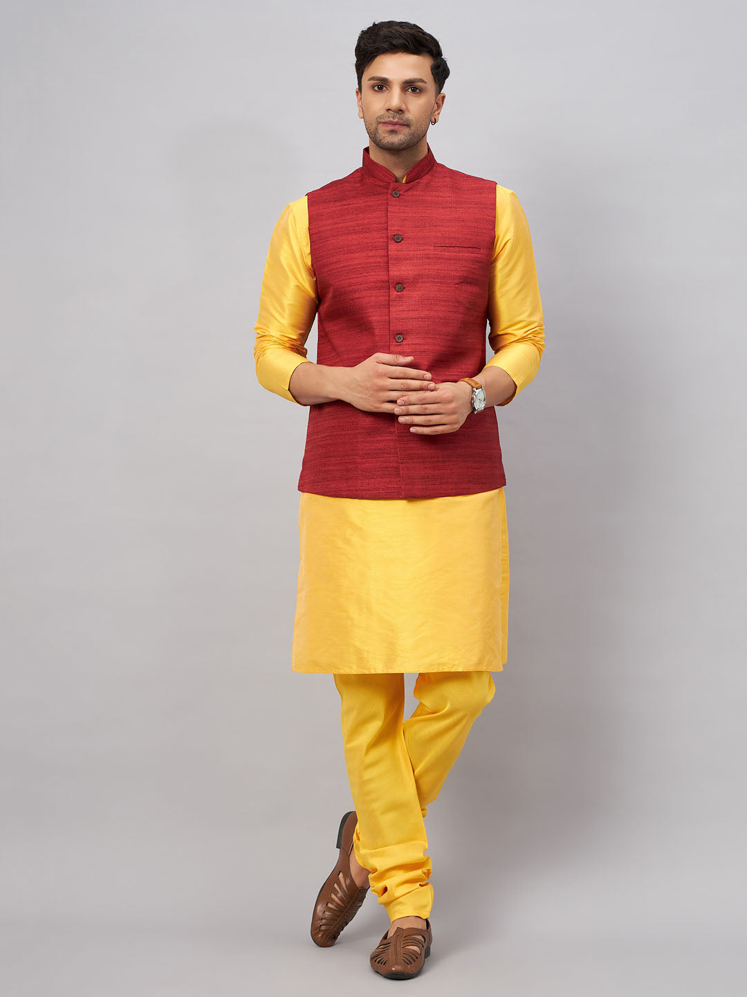 VM BY VASTRAMAY Men's Maroon Jacket With Yellow Kurta And Pyjama Set