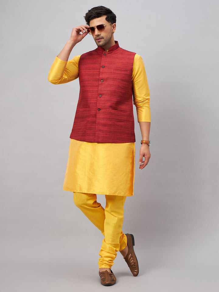 VM BY VASTRAMAY Men's Maroon Jacket With Yellow Kurta And Pyjama Set