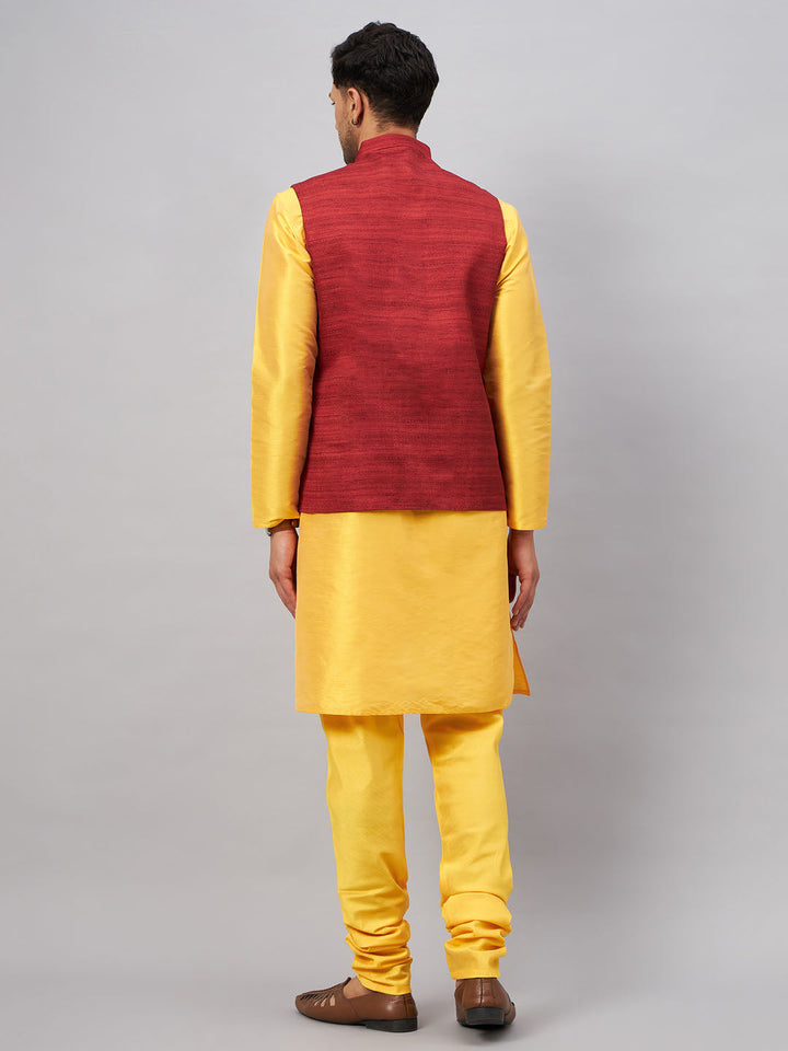 VM BY VASTRAMAY Men's Maroon Jacket With Yellow Kurta And Pyjama Set