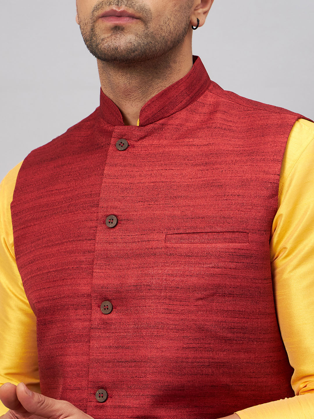 VM BY VASTRAMAY Men's Maroon Jacket With Yellow Kurta And Pyjama Set