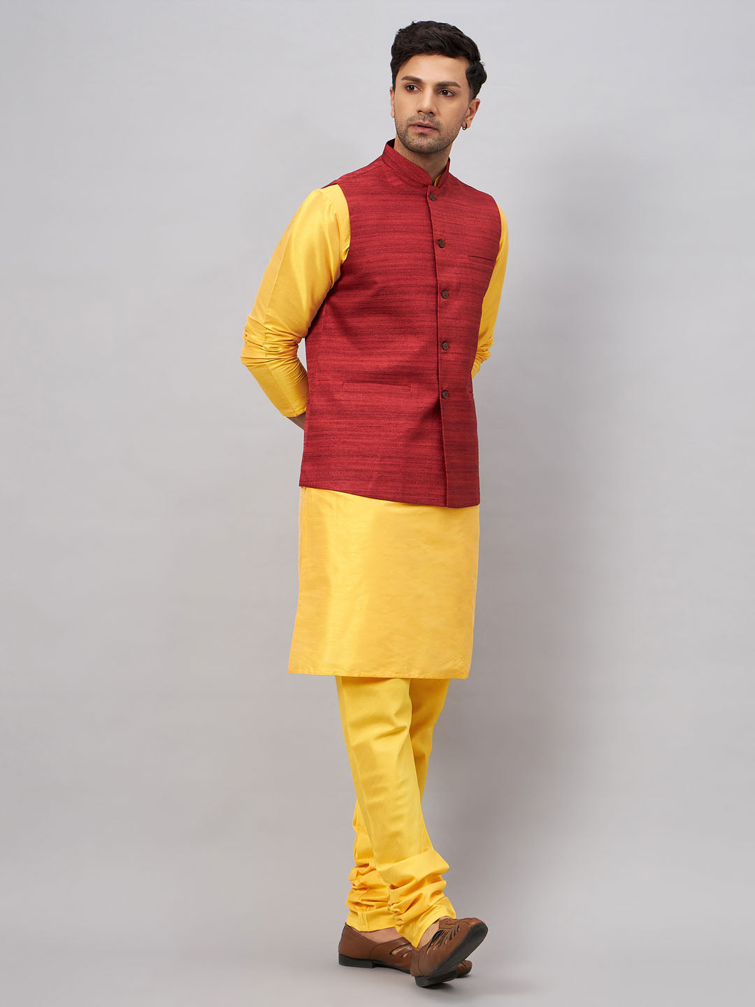 VM BY VASTRAMAY Men's Maroon Jacket With Yellow Kurta And Pyjama Set