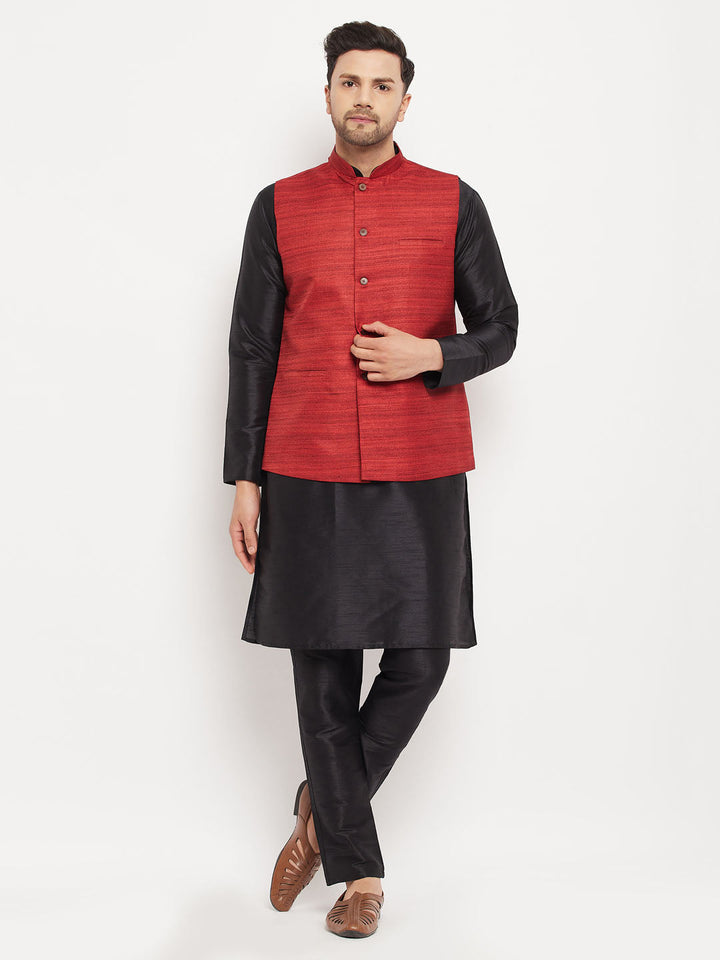 VM BY VASTRAMAY Men's Maroon Matka Silk Nehru Jacket With Black Silk Blend Kurta and Pant style Pyjama Set