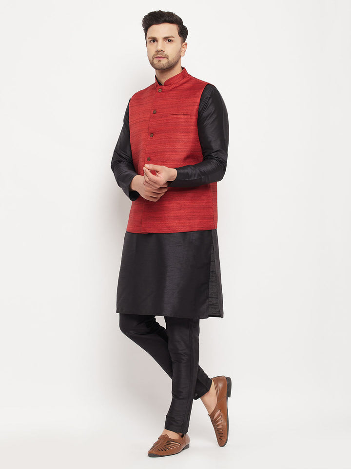 VM BY VASTRAMAY Men's Maroon Matka Silk Nehru Jacket With Black Silk Blend Kurta and Pant style Pyjama Set