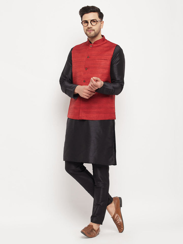 VM BY VASTRAMAY Men's Maroon Matka Silk Nehru Jacket With Black Silk Blend Kurta and Pant style Pyjama Set