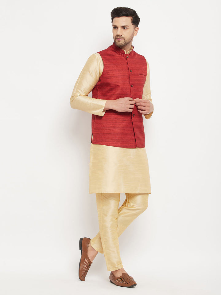 VM BY VASTRAMAY Men's Maroon Matka Silk Nehru Jacket With Gold Silk Blend Kurta and Pant style Pyjama Set