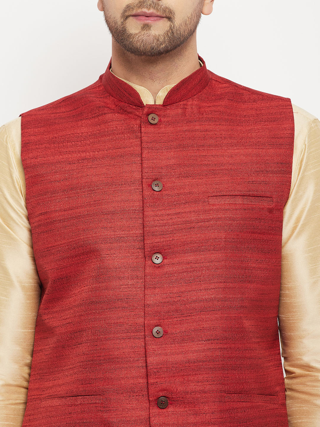 VM BY VASTRAMAY Men's Maroon Matka Silk Nehru Jacket With Gold Silk Blend Kurta and Pant style Pyjama Set