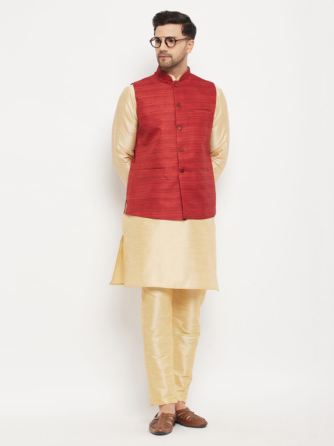 VM BY VASTRAMAY Men's Maroon Matka Silk Nehru Jacket With Gold Silk Blend Kurta and Pant style Pyjama Set