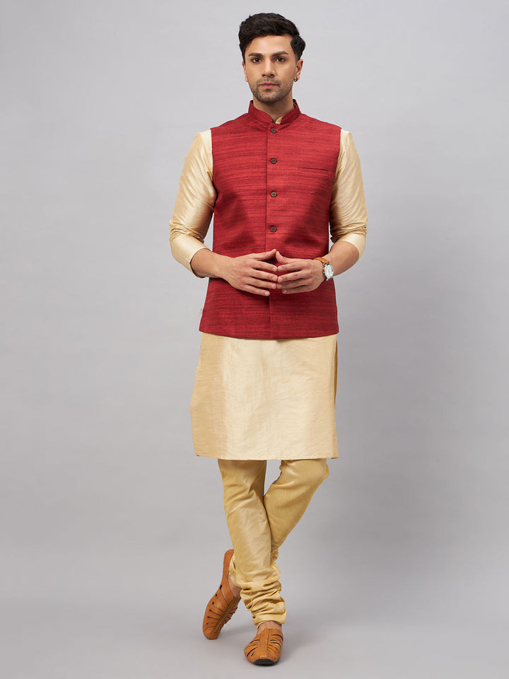 VM BY VASTRAMAY Men's Maroon Jacket With Gold Kurta And Pyjama Set