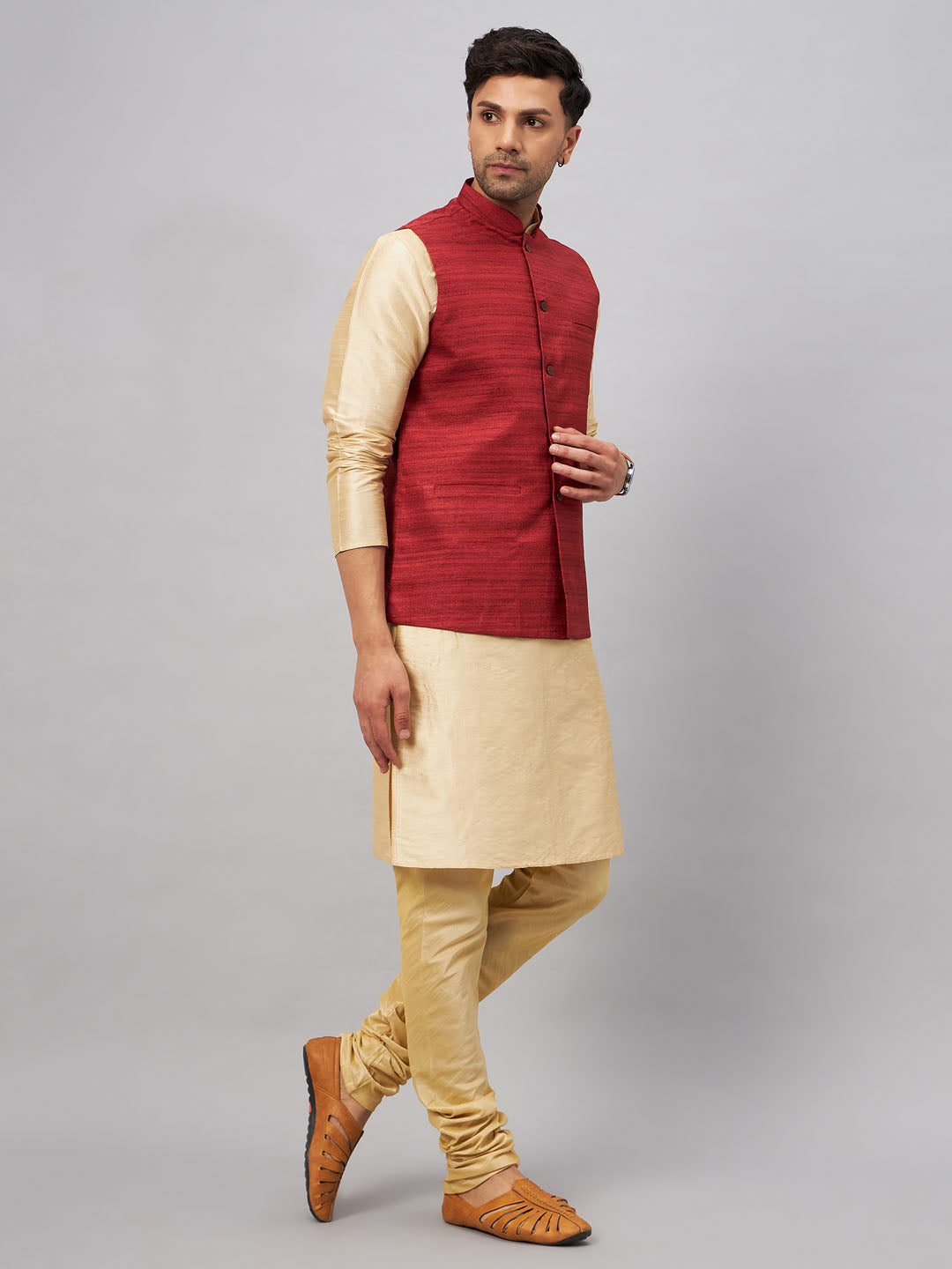 VM BY VASTRAMAY Men's Maroon Jacket With Gold Kurta And Pyjama Set