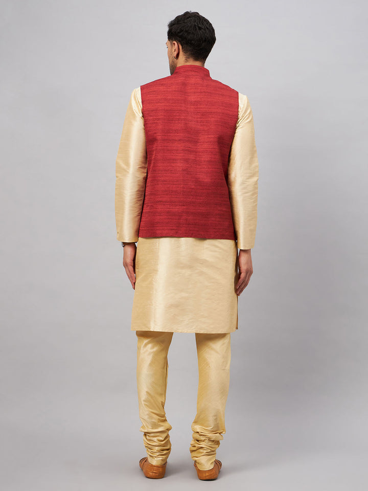 VM BY VASTRAMAY Men's Maroon Jacket With Gold Kurta And Pyjama Set