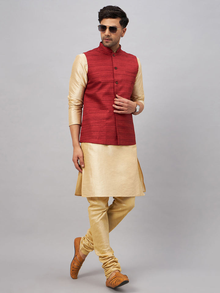 VM BY VASTRAMAY Men's Maroon Jacket With Gold Kurta And Pyjama Set