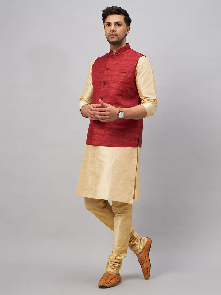 VM BY VASTRAMAY Men's Maroon Jacket With Gold Kurta And Pyjama Set