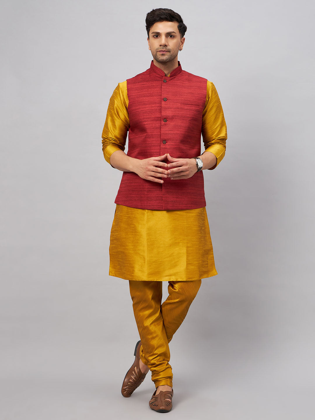 VM BY VASTRAMAY Men's Maroon Jacket With Mustard Kurta And Pyjama Set