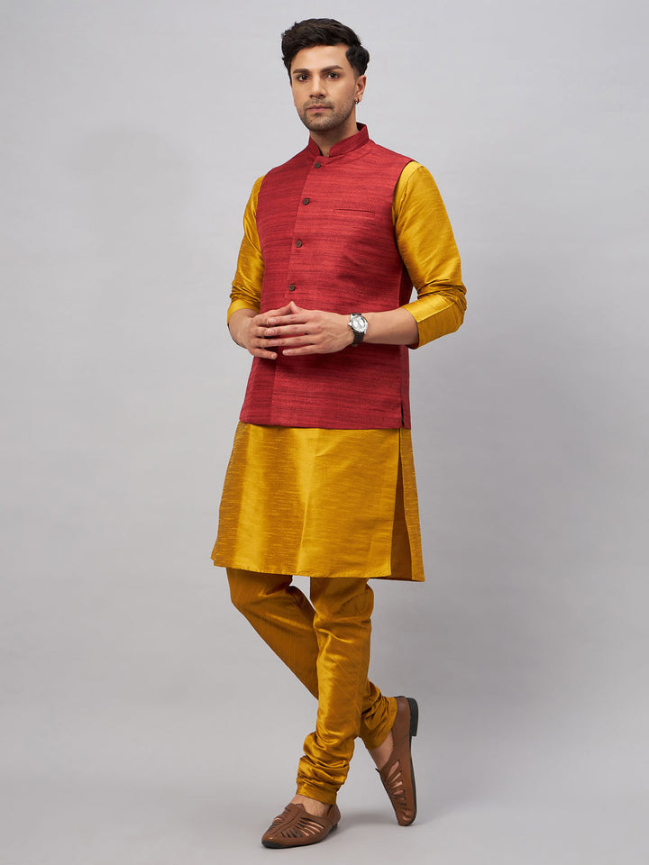 VM BY VASTRAMAY Men's Maroon Jacket With Mustard Kurta And Pyjama Set