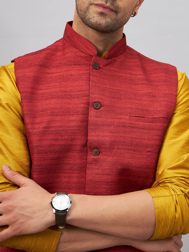 VM BY VASTRAMAY Men's Maroon Jacket With Mustard Kurta And Pyjama Set