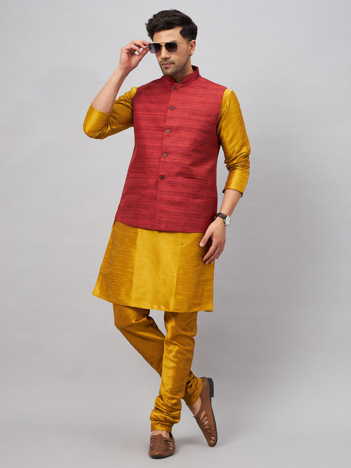 VM BY VASTRAMAY Men's Maroon Jacket With Mustard Kurta And Pyjama Set