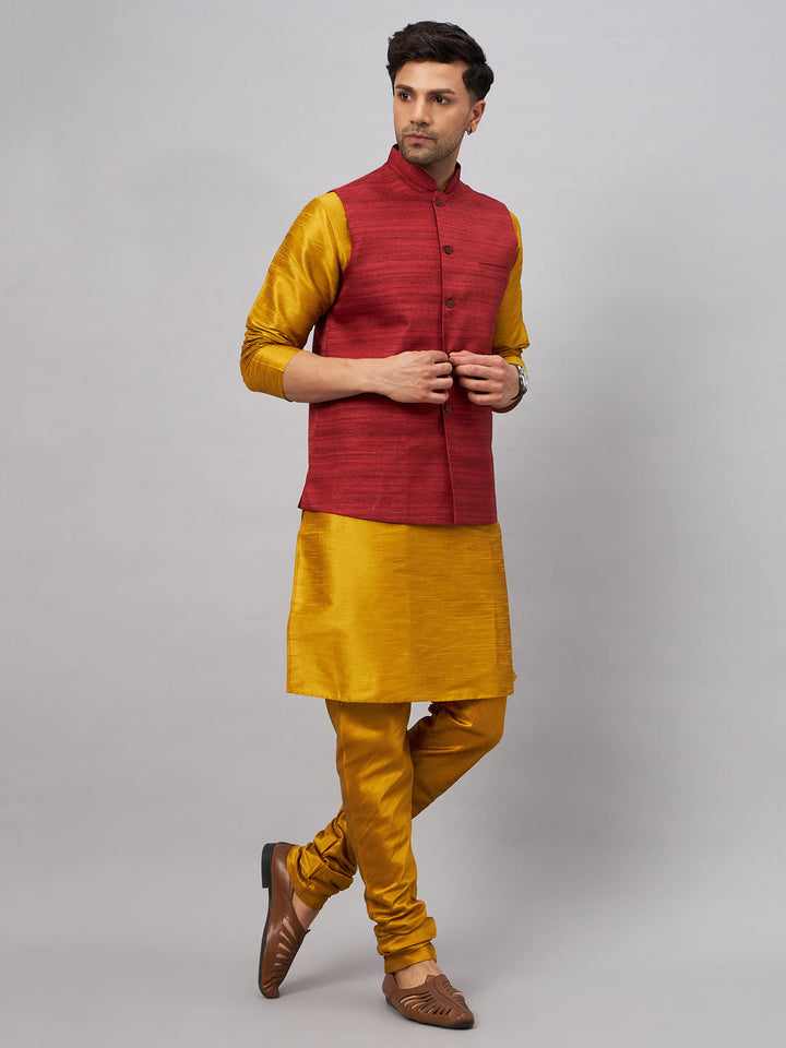 VM BY VASTRAMAY Men's Maroon Jacket With Mustard Kurta And Pyjama Set