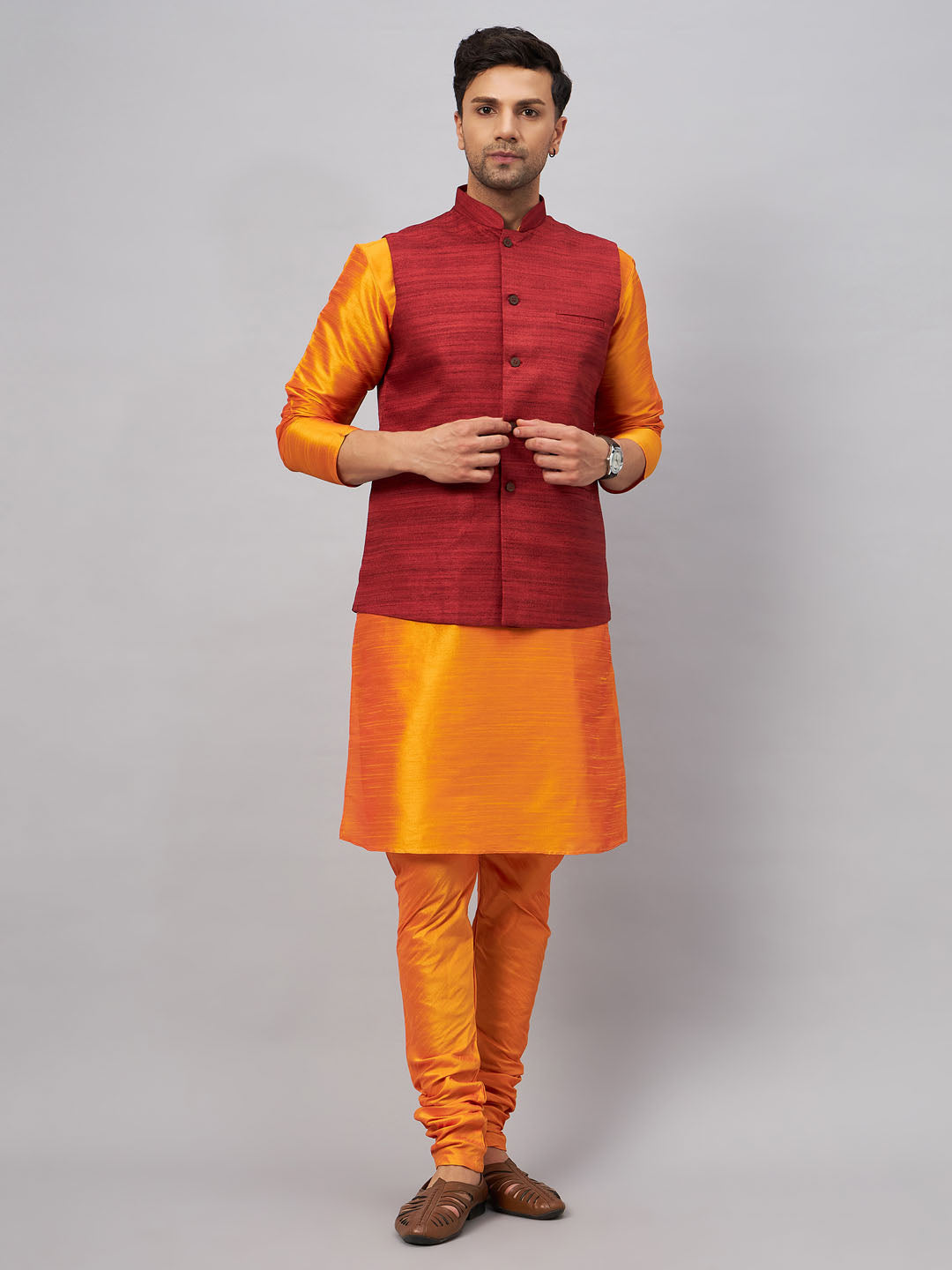 VM BY VASTRAMAY Men's Maroon Jacket With Orange Kurta And Pyjama Set