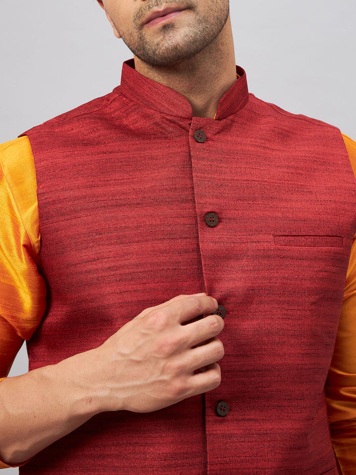 VM BY VASTRAMAY Men's Maroon Jacket With Orange Kurta And Pyjama Set