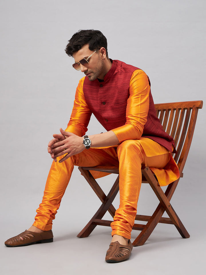 VM BY VASTRAMAY Men's Maroon Jacket With Orange Kurta And Pyjama Set