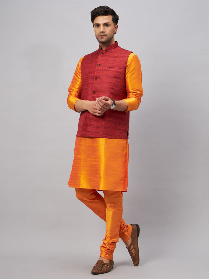 VM BY VASTRAMAY Men's Maroon Jacket With Orange Kurta And Pyjama Set