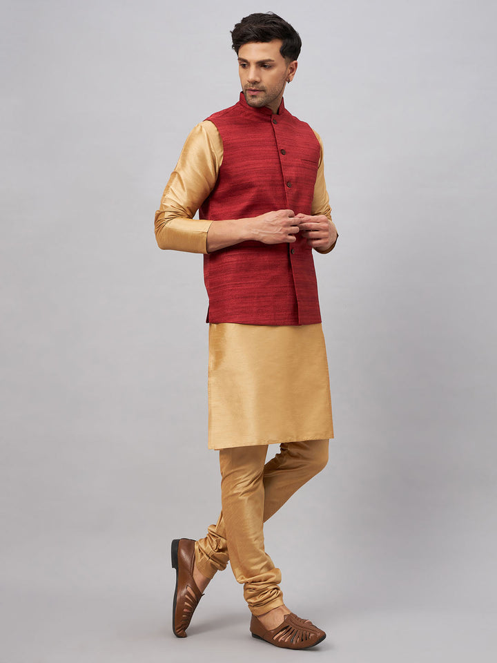 VM BY VASTRAMAY Men's Maroon Jacket With Rose Gold Kurta And Pyjama Set