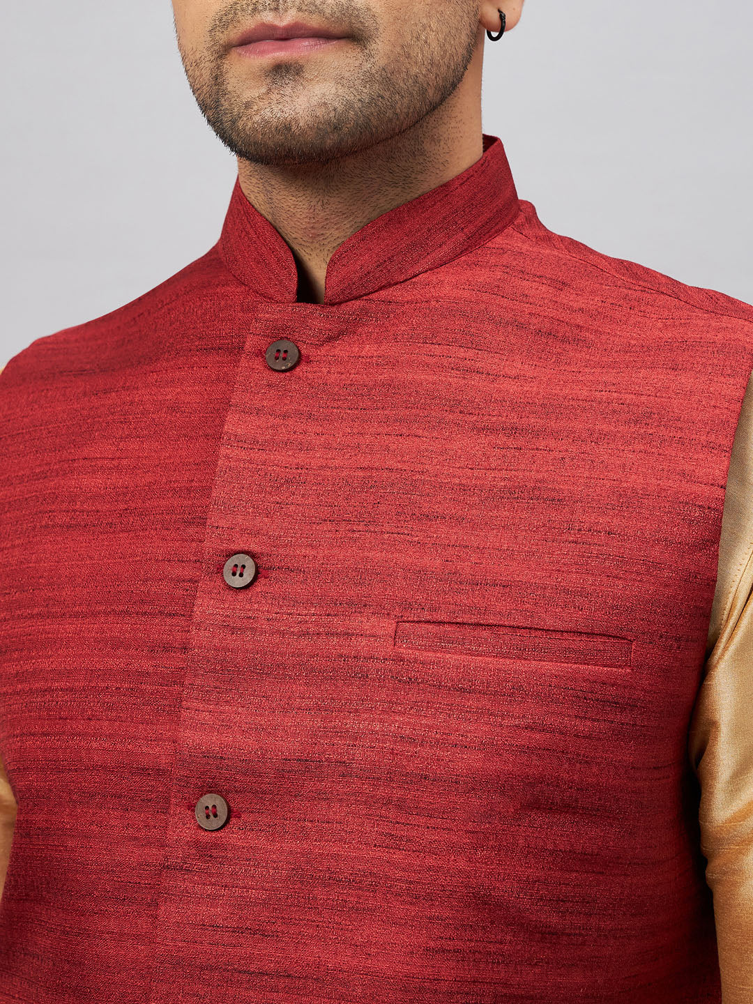 VM BY VASTRAMAY Men's Maroon Jacket With Rose Gold Kurta And Pyjama Set