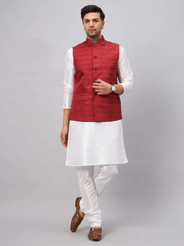 VM BY VASTRAMAY Men's Maroon Matka Silk Nehru Jacket With White Silk Blend Kurta Pyjama Set