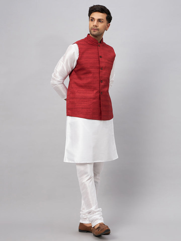 VM BY VASTRAMAY Men's Maroon Matka Silk Nehru Jacket With White Silk Blend Kurta Pyjama Set