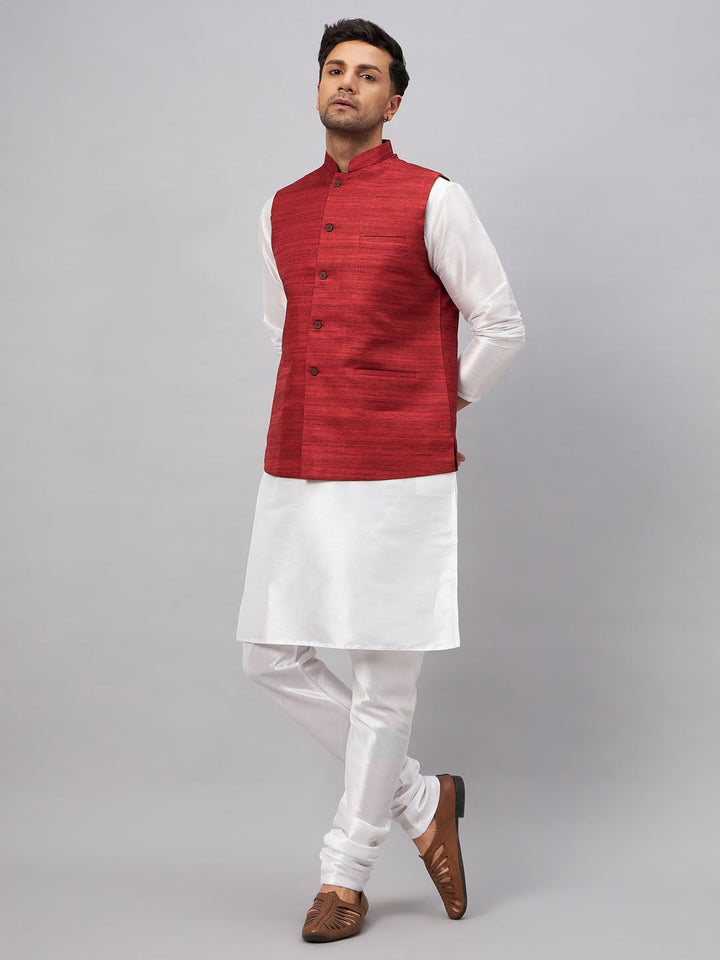 VM BY VASTRAMAY Men's Maroon Matka Silk Nehru Jacket With White Silk Blend Kurta Pyjama Set