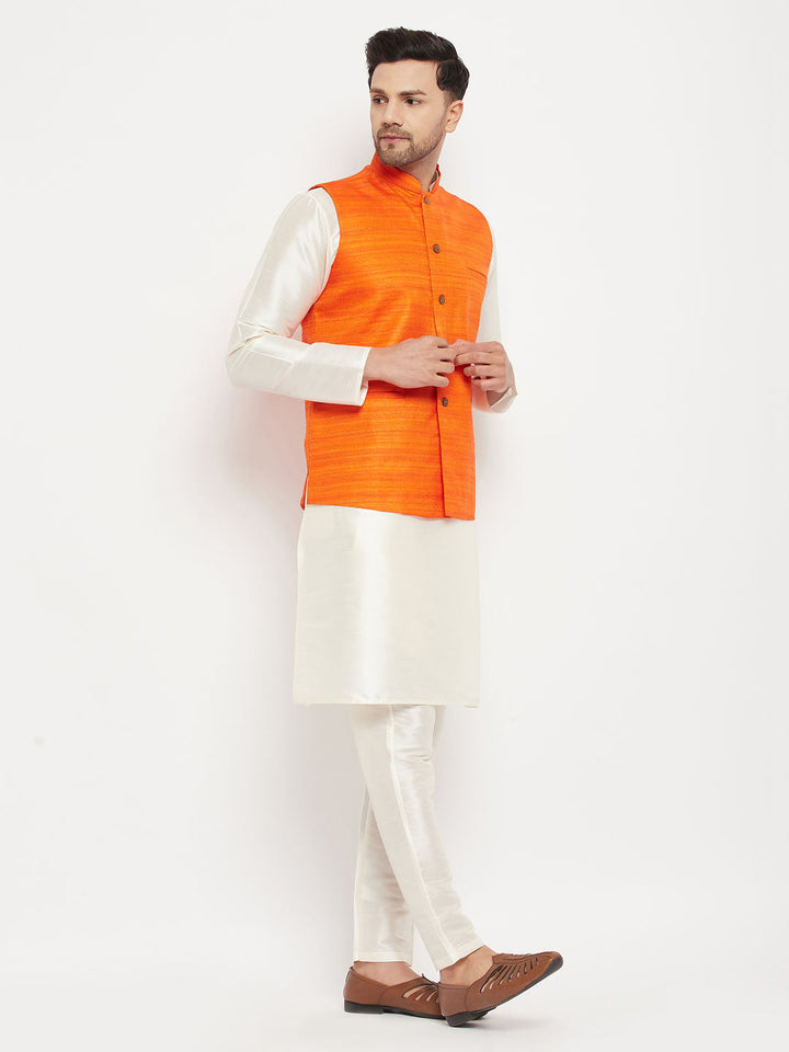 VM BY VASTRAMAY Men's Orange Matka Silk Nehru Jacket With Kurta and Pant style Pyjama Set