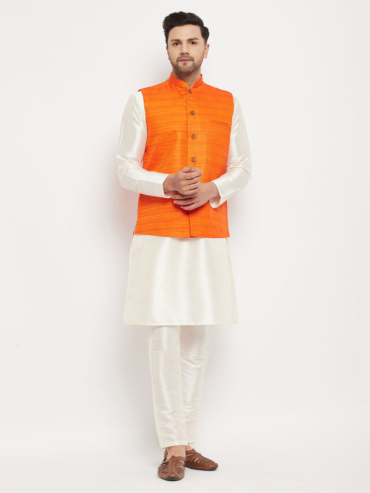 VM BY VASTRAMAY Men's Orange Matka Silk Nehru Jacket With Kurta and Pant style Pyjama Set