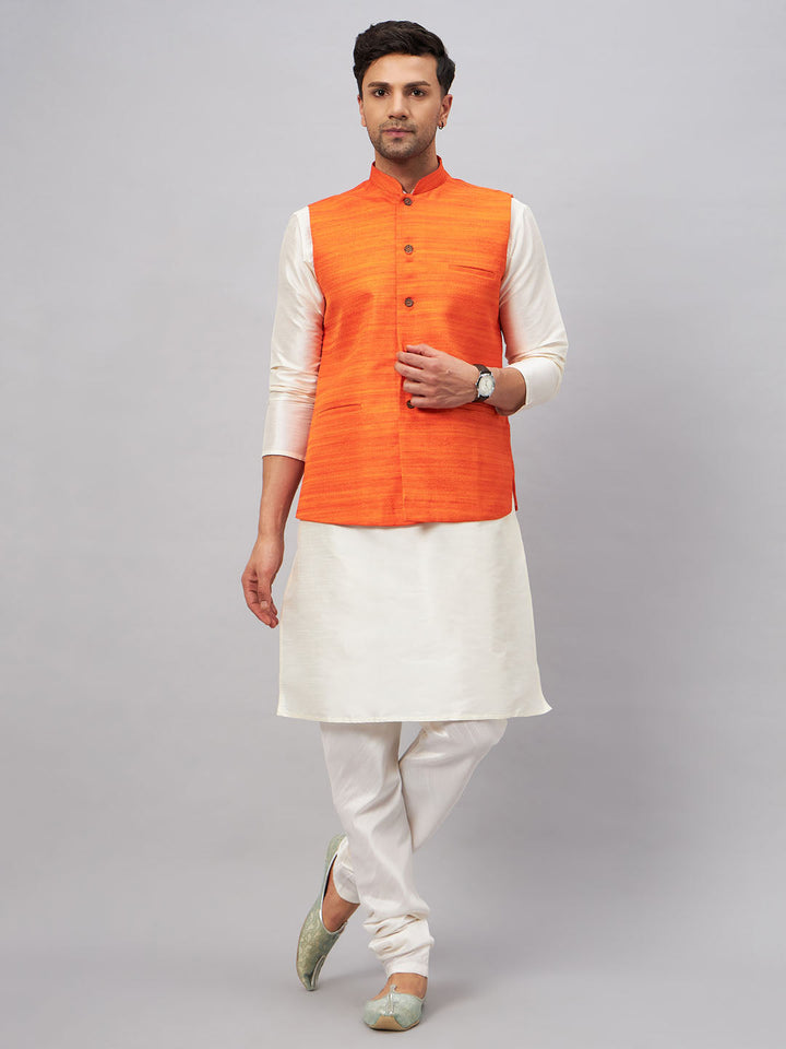 VM BY VASTRAMAY Men's Orange Matka Silk Nehru Jacket With Cream Silk Blend Kurta Pyjama Set