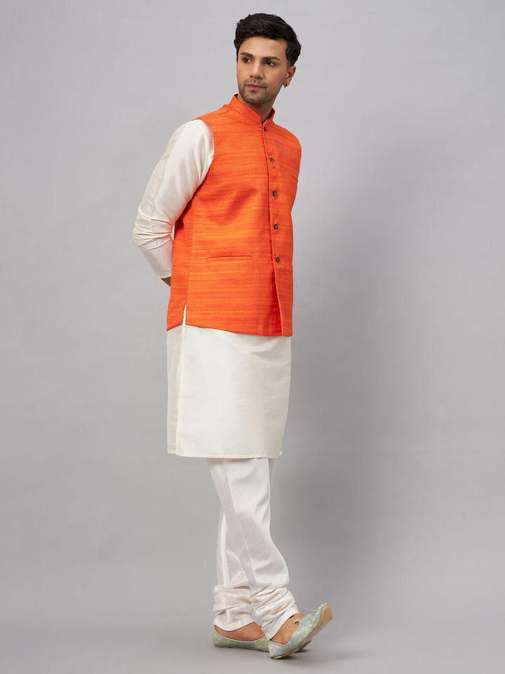 VM BY VASTRAMAY Men's Orange Matka Silk Nehru Jacket With Cream Silk Blend Kurta Pyjama Set