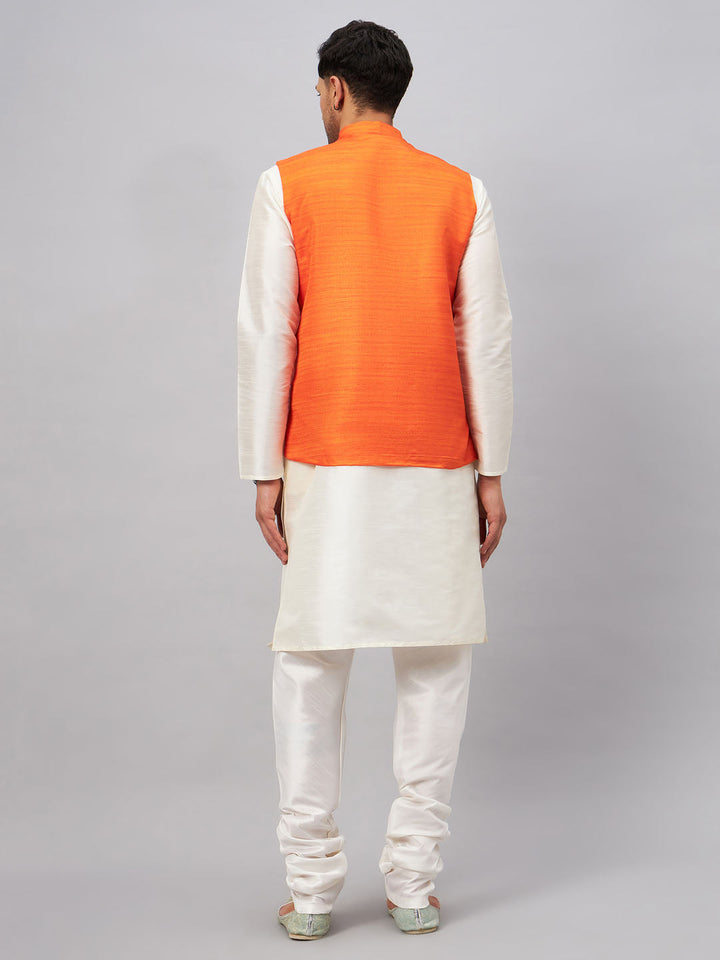 VM BY VASTRAMAY Men's Orange Matka Silk Nehru Jacket With Cream Silk Blend Kurta Pyjama Set