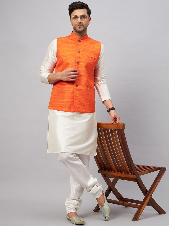 VM BY VASTRAMAY Men's Orange Matka Silk Nehru Jacket With Cream Silk Blend Kurta Pyjama Set