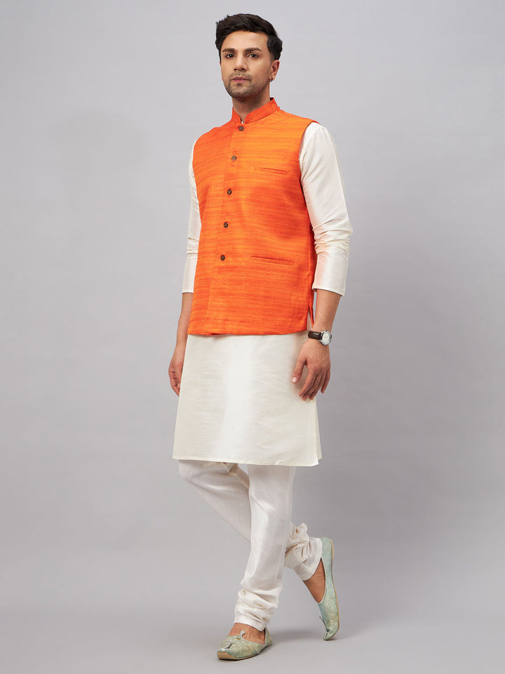 VM BY VASTRAMAY Men's Orange Matka Silk Nehru Jacket With Cream Silk Blend Kurta Pyjama Set