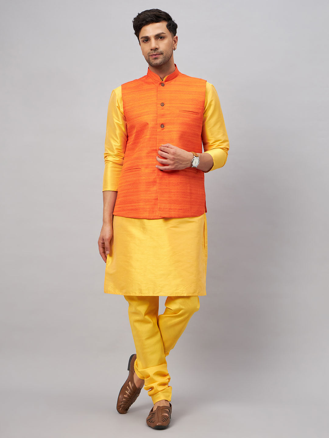 VM BY VASTRAMAY Men's Orange Jacket With Yellow Kurta And Pyjama Set