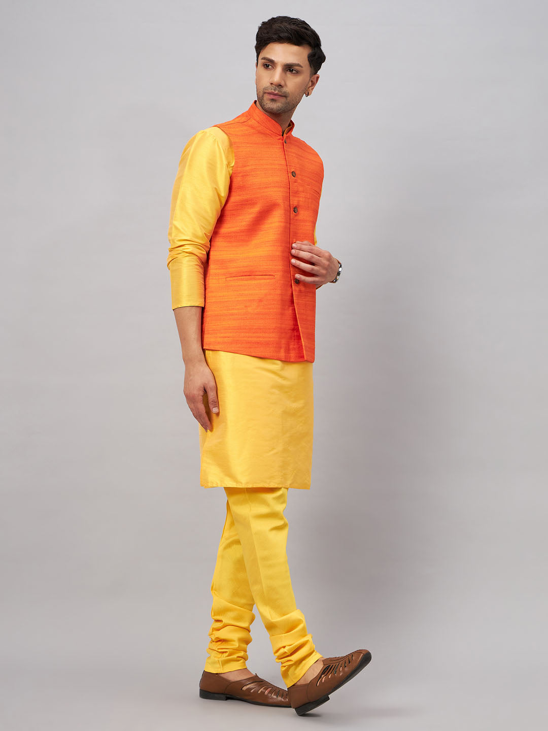 VM BY VASTRAMAY Men's Orange Jacket With Yellow Kurta And Pyjama Set