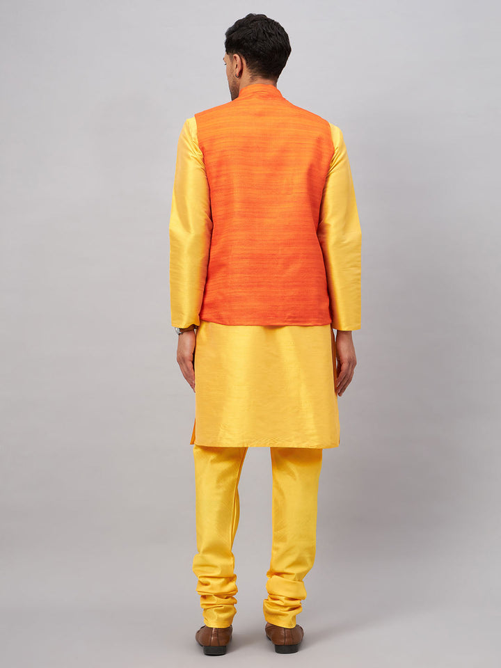 VM BY VASTRAMAY Men's Orange Jacket With Yellow Kurta And Pyjama Set