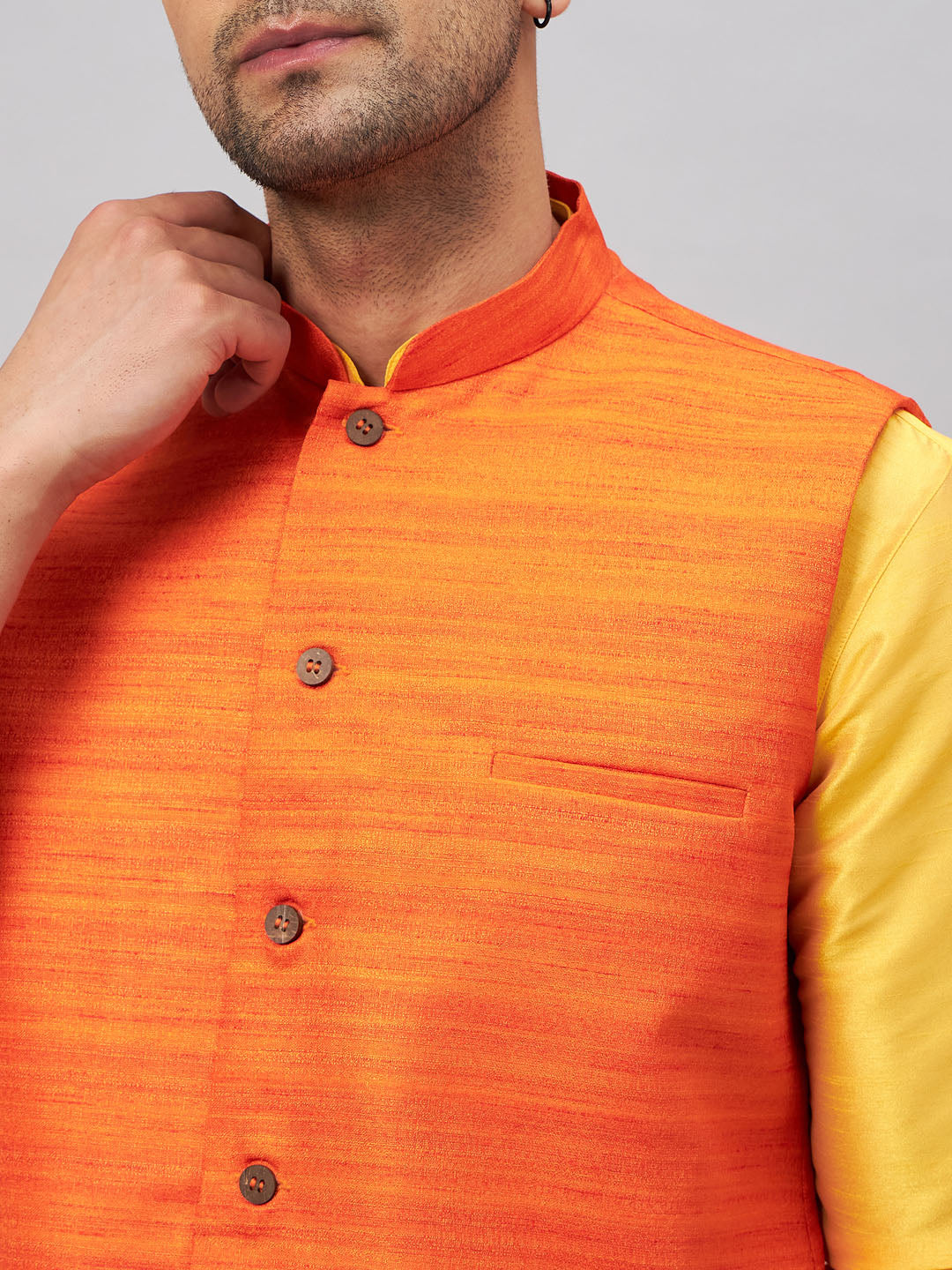 VM BY VASTRAMAY Men's Orange Jacket With Yellow Kurta And Pyjama Set