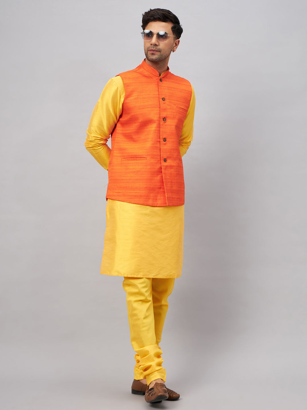 VM BY VASTRAMAY Men's Orange Jacket With Yellow Kurta And Pyjama Set