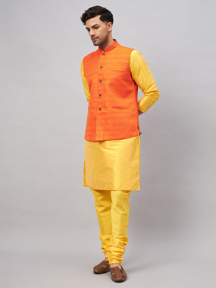 VM BY VASTRAMAY Men's Orange Jacket With Yellow Kurta And Pyjama Set